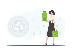 le concept de écologie et se soucier pour le environnement. le fille détient une bouteille fabriqué de biodégradable Plastique dans sa mains. tendance style.vecteur illustration. vecteur