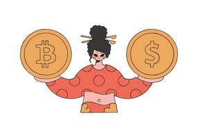 femme en portant bitcoin et dollar. rentrer style personnage. vecteur