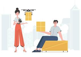 le concept de cargaison livraison. le drone est transportant le colis. homme et femme avec papier carton des boites. vecteur illustration.