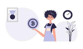 le concept de exploitation minière et extraction de Bitcoin. une femme détient une bitcoin dans sa mains. personnage avec une moderne style. vecteur