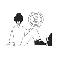 charmant homme en portant une bitcoin pièce de monnaie dans le sien mains. journal noir et blanc style. vecteur