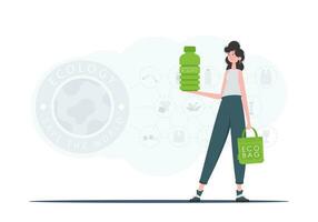 le concept de écologie et se soucier pour le environnement. une femme détient une bouteille fabriqué de biodégradable Plastique dans sa mains. tendance style.vecteur illustration. vecteur