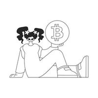 charmant femme en portant une bitcoin pièce de monnaie. linéaire journal noir et blanc style. vecteur