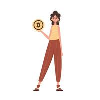 le fille détient une bitcoin dans sa mains dans le forme de une pièce de monnaie. personnage dans branché style. vecteur
