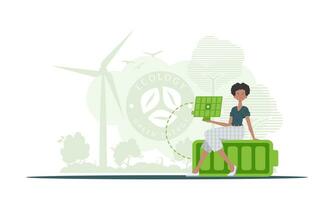 éco énergie concept. le fille est assis sur une batterie et détient une solaire panneau dans sa mains. vecteur illustration.