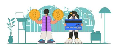 crypto-monnaie et décret échange la gestion concept. une groupe de gens interagir avec Bitcoin. vecteur