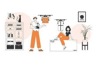 une homme et une femme, le équipe livre le paquet par drone. air livraison concept. linéaire branché style. vecteur