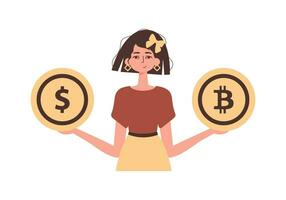 une femme détient une bitcoin et une dollar dans sa mains. personnage dans branché style. vecteur