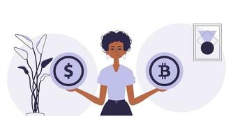 bitcoin exploitation minière concept. une femme détient une bitcoin et une dollar dans sa mains. personnage dans branché style. vecteur