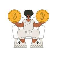 une femme détient une pièce de monnaie de bitcoin et dollar dans sa mains. rentrer style personnage. vecteur