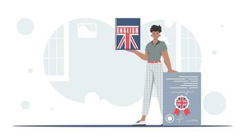 le concept de apprentissage Anglais. une homme détient un Anglais dictionnaire et une certificat dans le sien mains. branché style. vecteur illustration.