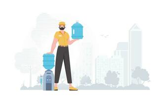 une homme est en portant une bouteille de l'eau. livraison concept. élégant personnage est représenté dans plein croissance. vecteur illustration.