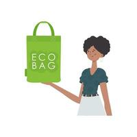 une femme détient un éco sac dans sa mains. concept de vert monde et écologie. isolé. mode tendance illustration dans vecteur. vecteur