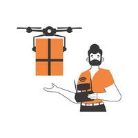 une homme livre une paquet par drone. drone livraison concept. linéaire branché style. isolé sur blanc Contexte. vecteur illustration.