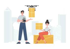 livraison thème. le quadcopter est transportant le colis. homme et femme avec papier carton des boites. vecteur illustration.