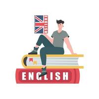 une homme est assis sur livres et détient un Anglais dictionnaire dans le sien mains. le concept de apprentissage Anglais. isolé. branché dessin animé style. vecteur illustration.