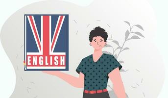 le concept de enseignement Anglais. une homme détient un Anglais dictionnaire dans le sien mains. branché style. vecteur. vecteur