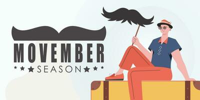 movember affiche. une homme détient une moustache sur une bâton. branché dessin animé style. vecteur illustration.