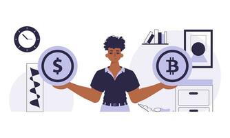 le concept de exploitation minière et extraction de Bitcoin. une homme détient une bitcoin et une dollar dans le sien mains. personnage dans moderne branché style. vecteur