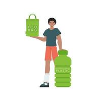 une homme détient un éco sac dans le sien mains. le concept de écologie et se soucier pour le environnement. isolé. mode tendance illustration dans vecteur. vecteur