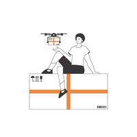 une homme envoie une paquet avec une drone. drone livraison concept. linéaire branché style. isolé sur blanc Contexte. vecteur illustration.