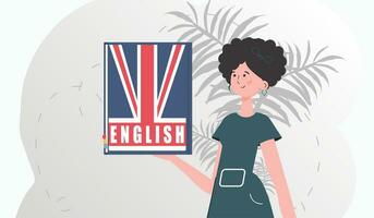 le concept de enseignement Anglais. une femme détient un Anglais dictionnaire dans sa mains. branché style. vecteur. vecteur