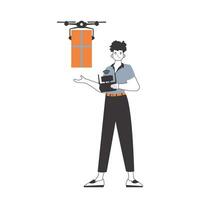 une homme livre une paquet par drone. le concept de cargaison livraison par air. linéaire moderne style. isolé sur blanc Contexte. vecteur illustration.