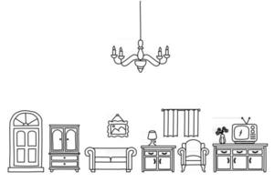 Doodle de style de croquis de décoration à la maison. ensemble de meubles d'intérieur illustration vectorielle dessinés à la main d'encre vecteur