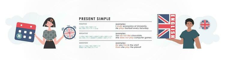 présent simole le règle pour en train d'étudier les temps dans Anglais. le concept de enseignement Anglais. plat personnage moderne style. vecteur. vecteur