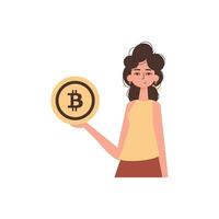 une femme détient une bitcoin dans sa mains dans le forme de une pièce de monnaie. personnage dans moderne branché style. vecteur