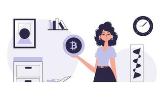 crypto-monnaie concept. une femme détient une bitcoin pièce de monnaie dans sa mains. personnage dans moderne branché style. vecteur