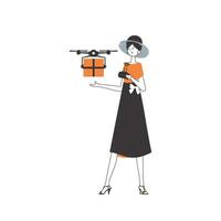 une femme livre une paquet avec une drone. air livraison concept. minimaliste linéaire style. isolé sur blanc Contexte. vecteur illustration.