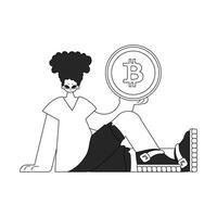 une unique homme détient une bitcoin pièce de monnaie dans le sien mains. linéaire noir et blanc style. vecteur