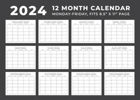 calendrier modèle pour 2024. Lundi à vendredi. 12 mois calendrier. Vide calendrier mois. en forme lettre Taille pages. papeterie conception. vecteur illustration.