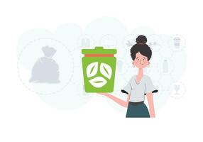 le concept de écologie et recyclage. une femme détient une poubelle pouvez dans sa mains. vecteur illustration plat branché style.