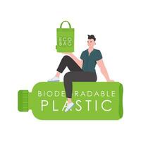 une homme est assis sur une bouteille fabriqué de biodégradable Plastique et détient un éco sac dans le sien mains. concept de vert monde et écologie. isolé. tendance style.vecteur illustration. vecteur