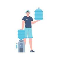 une homme est en portant une bouteille de l'eau. livraison concept. le branché personnage est représenté dans plein croissance. isolé. vecteur illustration.