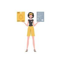 une femme courrier est en portant une parcelle et une vérifier. Accueil livraison concept. isolé. dessin animé style. vecteur. vecteur