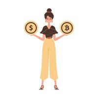 le fille détient une pièce de monnaie de bitcoin et dollar dans sa mains. personnage avec une moderne style. vecteur