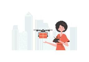 une femme contrôles une quadcopter avec une colis. le concept de cargaison livraison par air. branché style. vecteur illustration.