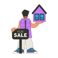 Masculin agent immobilier en portant une maison. investissement dans réel domaine. vecteur