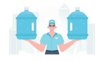 l'eau livraison concept. le homme est en portant une grand l'eau bouteille. le élégant personnage est représenté à le taille. vecteur. vecteur