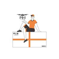 une homme envoie une paquet avec une drone. drone livraison concept. minimaliste linéaire style. isolé sur blanc Contexte. vecteur illustration.