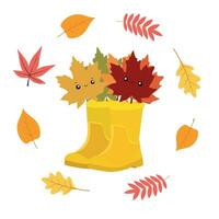 Jaune grand clair caoutchouc bottes avec érable feuilles dans kawaii style. jardinage, l'automne. l'automne bannière. vecteur illustration