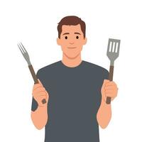 chef ou content cuisinier en portant une gril outils spatule et fourchette. vecteur