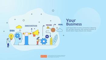 processus d'idée d'innovation de remue-méninges et concept de pensée créative avec une lampe à ampoule pour le projet de démarrage d'entreprise. illustration pour la page de destination Web, la bannière, la présentation, les médias sociaux, l'impression vecteur