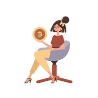 femme séance dans une chaise et en portant une bitcoin pièce de monnaie dans sa mains. personnage dans branché style. vecteur