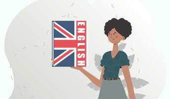 le concept de apprentissage Anglais. une femme détient un Anglais dictionnaire dans sa mains. branché style. vecteur. vecteur