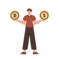 une homme détient une bitcoin et une dollar dans le forme de pièces de monnaie dans le sien mains. personnage avec une moderne style. vecteur