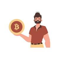 le gars est en portant Bitcoin. personnage dans moderne branché style. vecteur